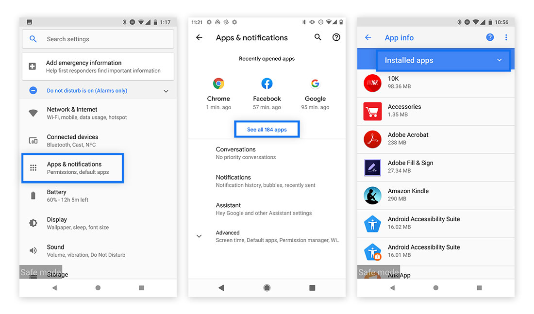 Screenshots of the Android app settings and installed apps.